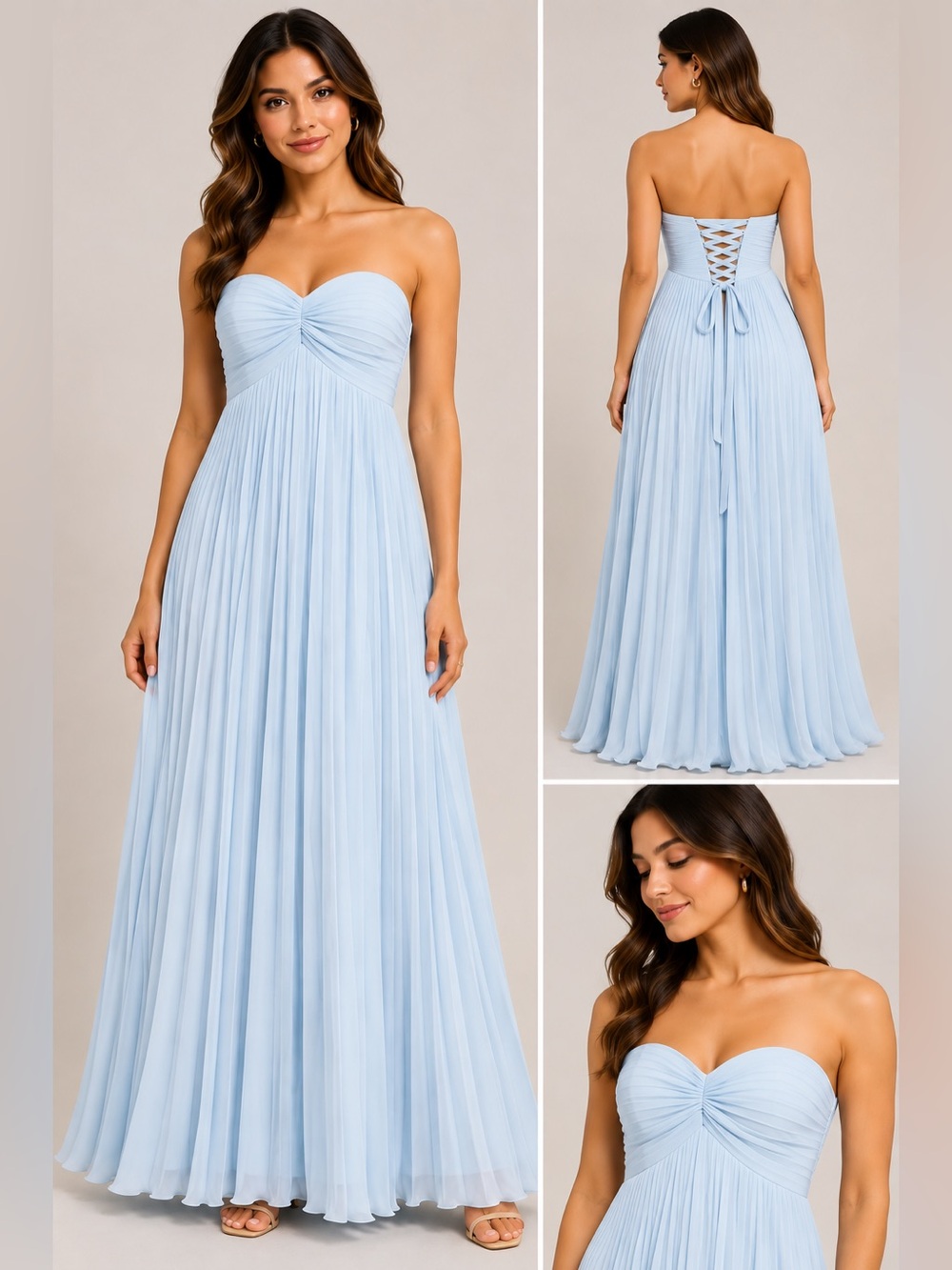 Light Blue Strapless Corset Back Pleated Chiffon Maxi Prom Dress Size 12